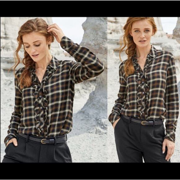 Peruvian Connection Fiona Plaid Ruffle Button Down Shirt M Medium Boho Western - Picture 2 of 6